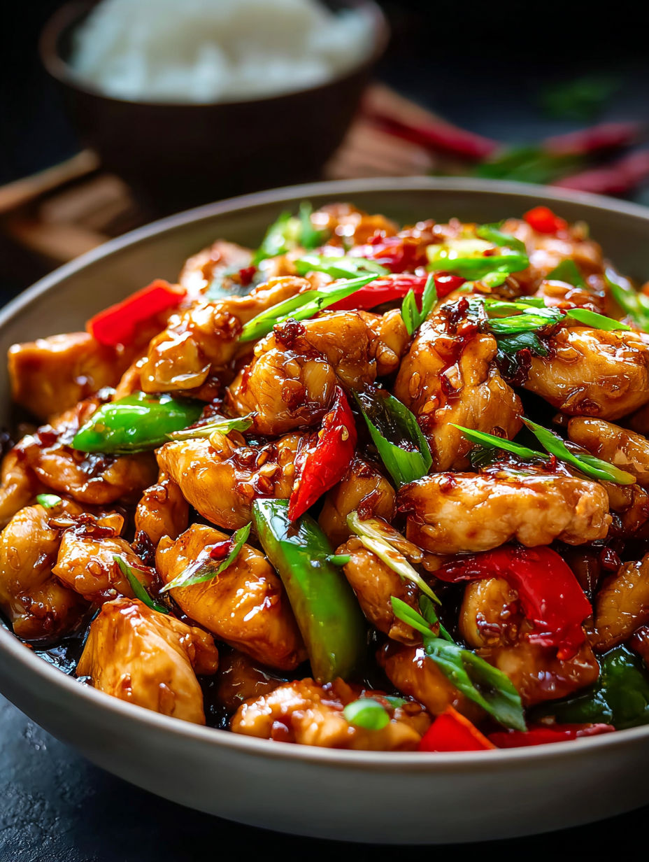 Un cuenco con pollo chino salteado con ajo.
