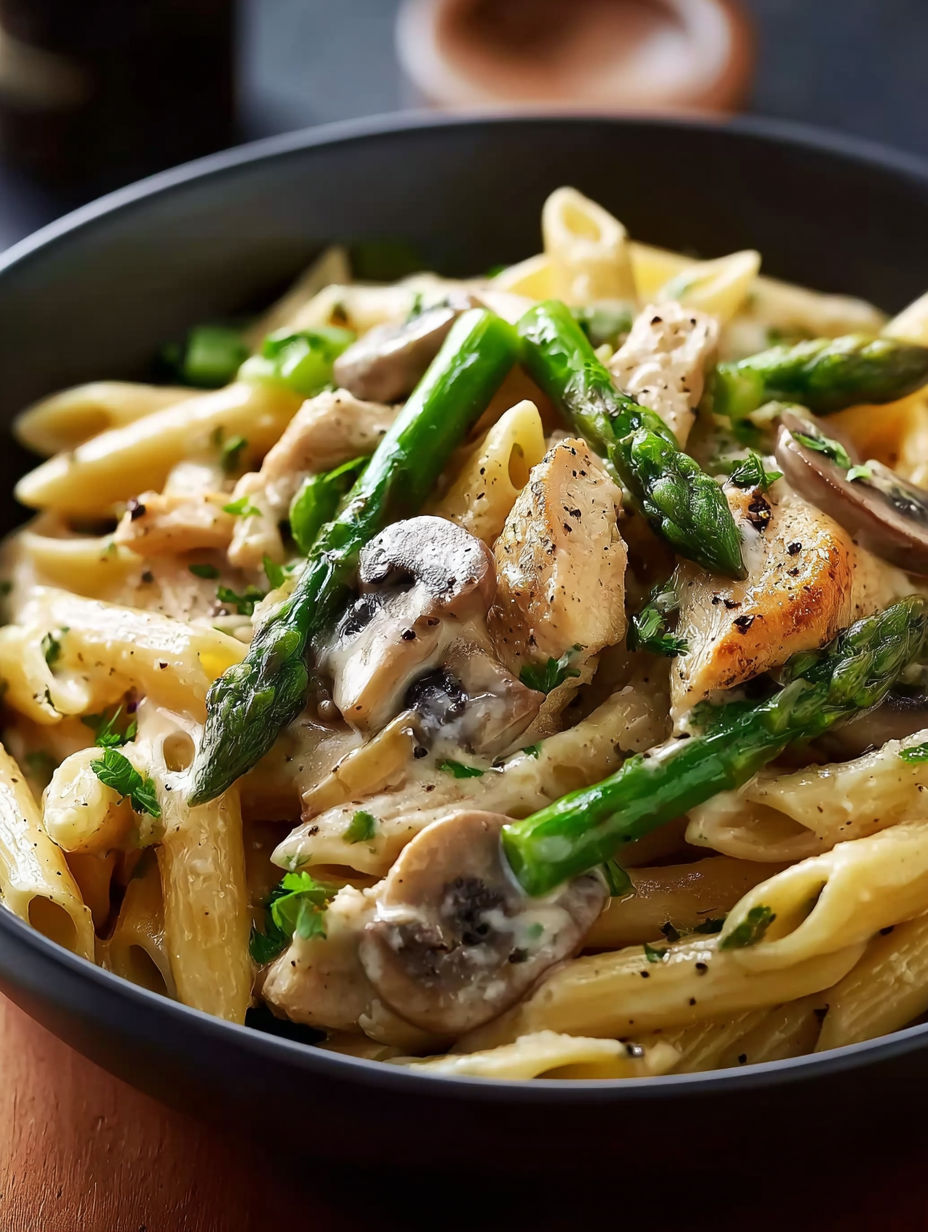 Un plato de penne con pollo, espárragos y hongos en salsa cremosa.