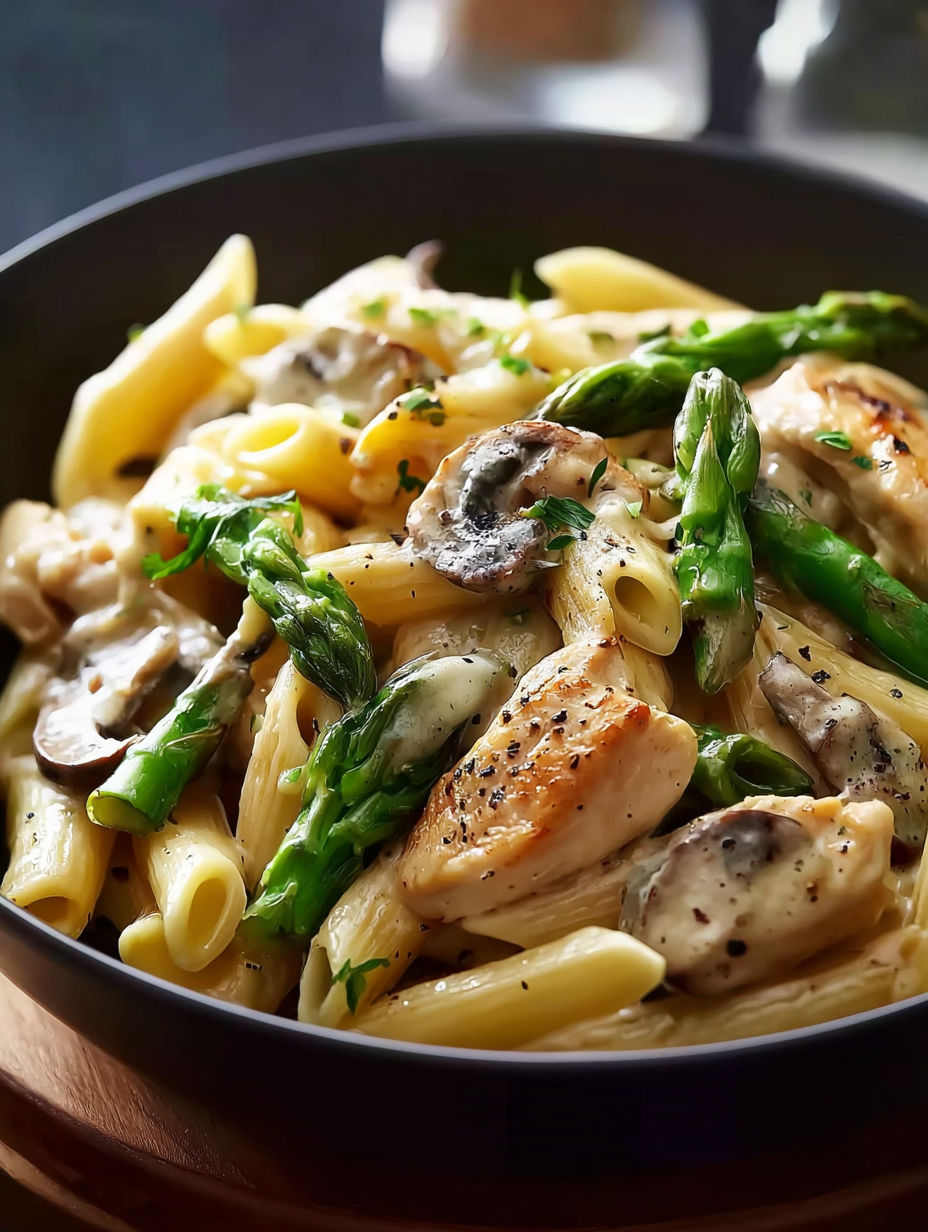 Un plato de pasta penne con pollo, champiñones y espárragos en salsa cremosa.