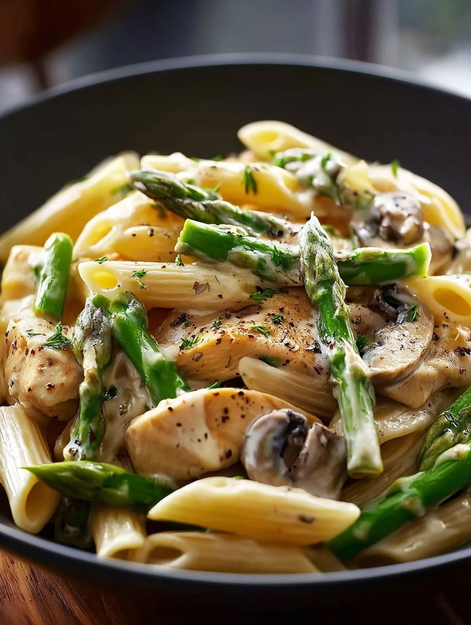 Un plato de pasta penne con pollo, champiñones y espárragos en salsa cremosa.