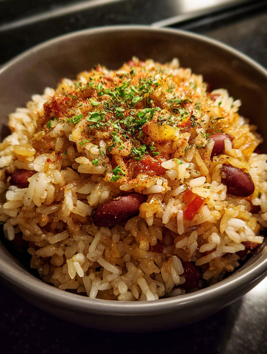 Tazón de arroz con frijoles y especias.