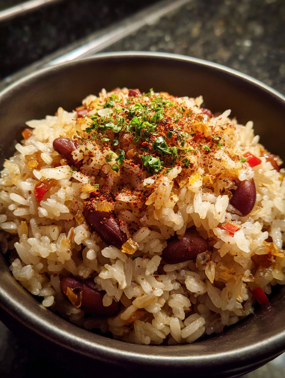Tazón de arroz con frijoles y especias.