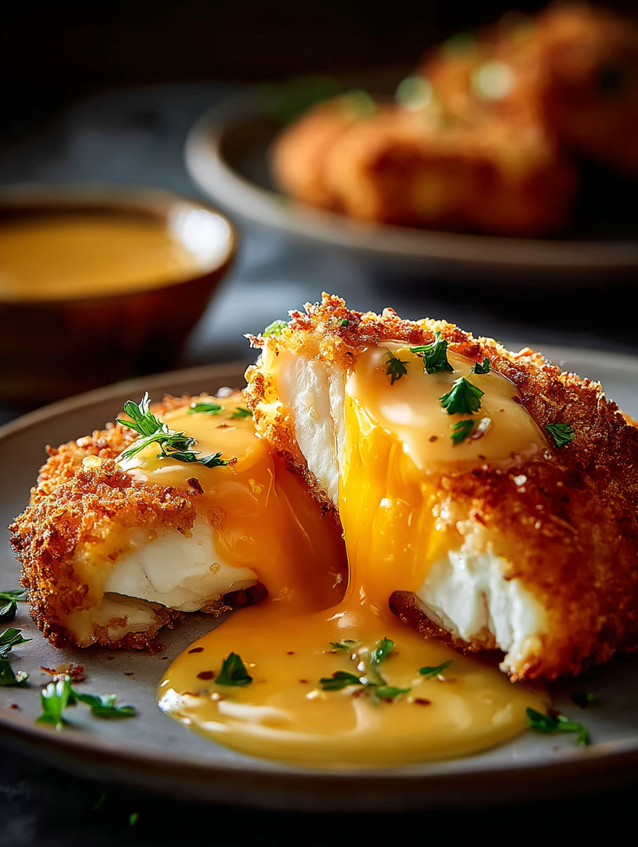 Un plato con pollo cheddar crujiente y salsa.