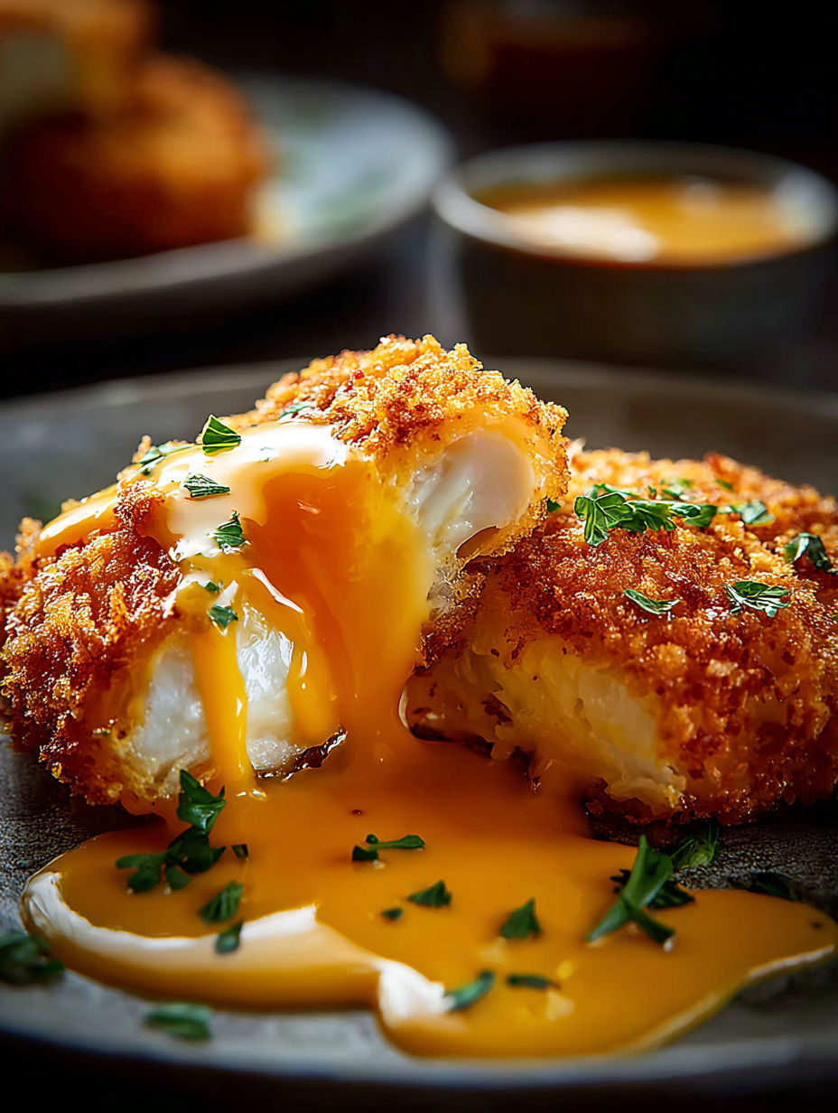 Un trozo de pollo con cheddar crujiente acompañado de salsa.