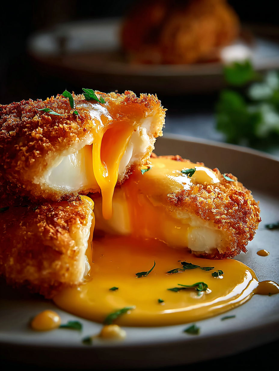 Pedazo de pollo con cheddar crujiente y yema de huevo.