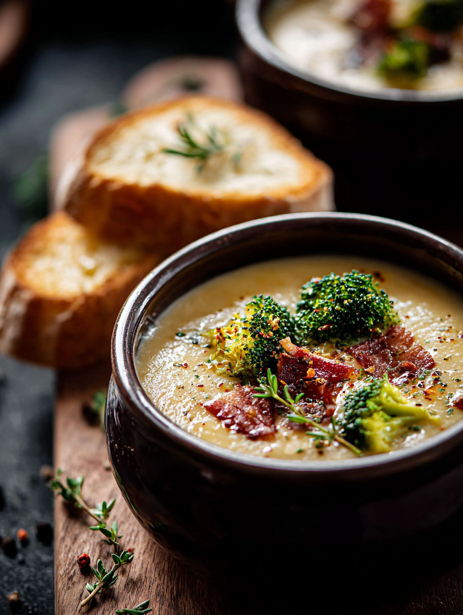 Un bol de sopa de brocoli con cheddar y una rebanada de pan al lado.