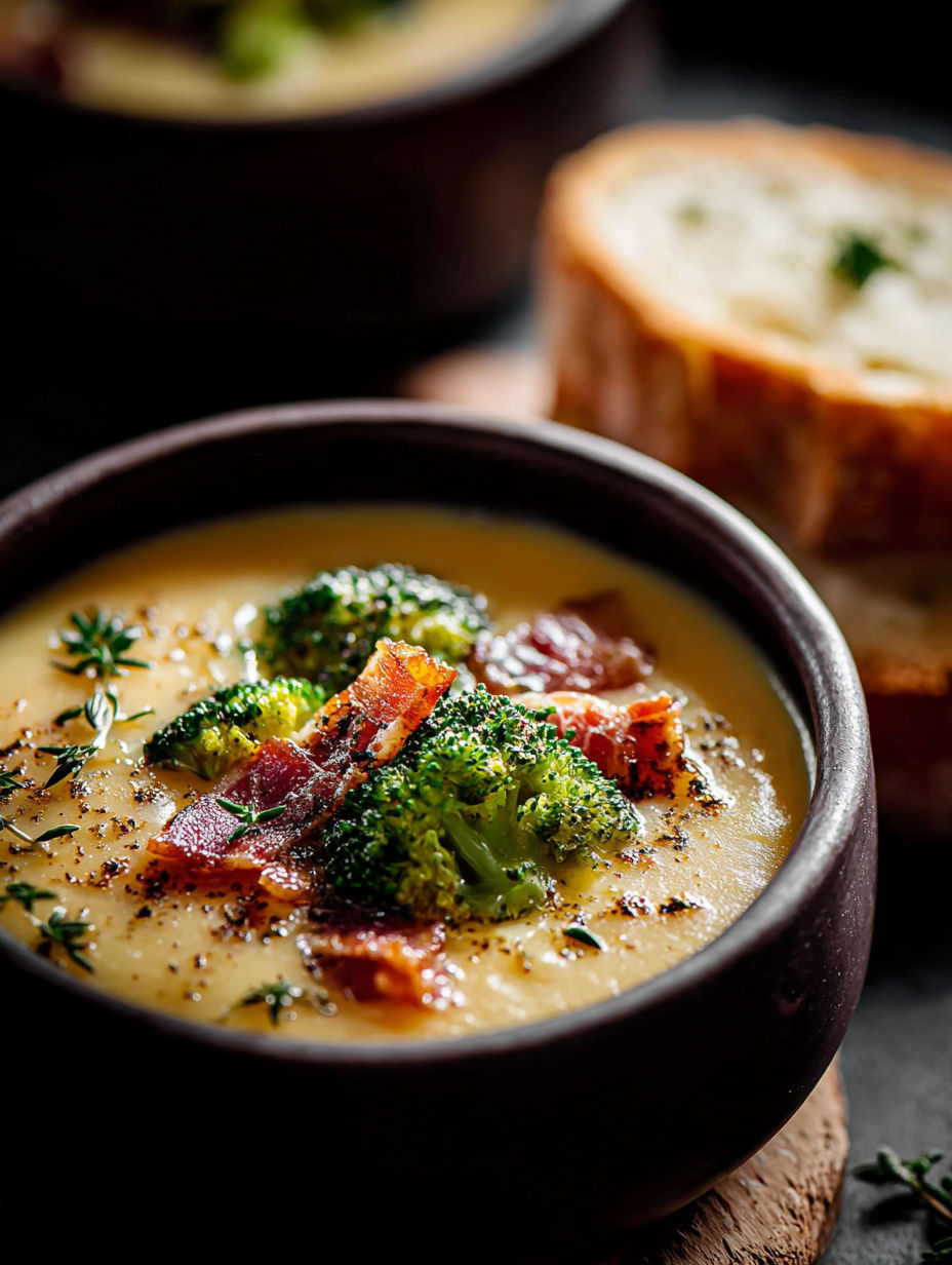Un tazón de sopa de brócoli con cheddar acompañado de una rebanada de pan.