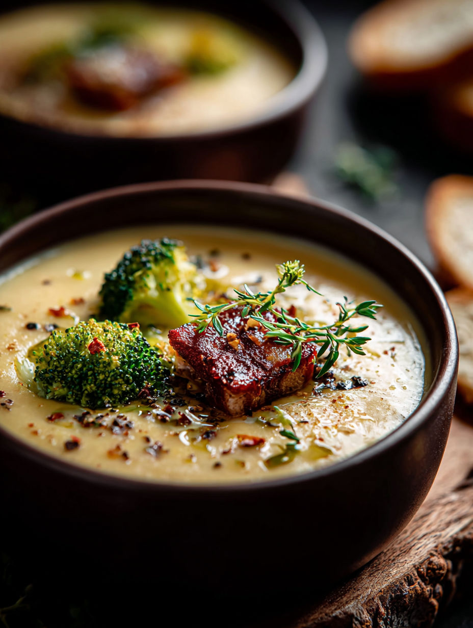 Tazón de sopa de brócoli con cheddar y unas ramitas de tomillo encima.