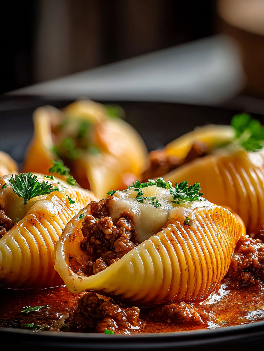 Conchas rellenas de pasta con carne molida.