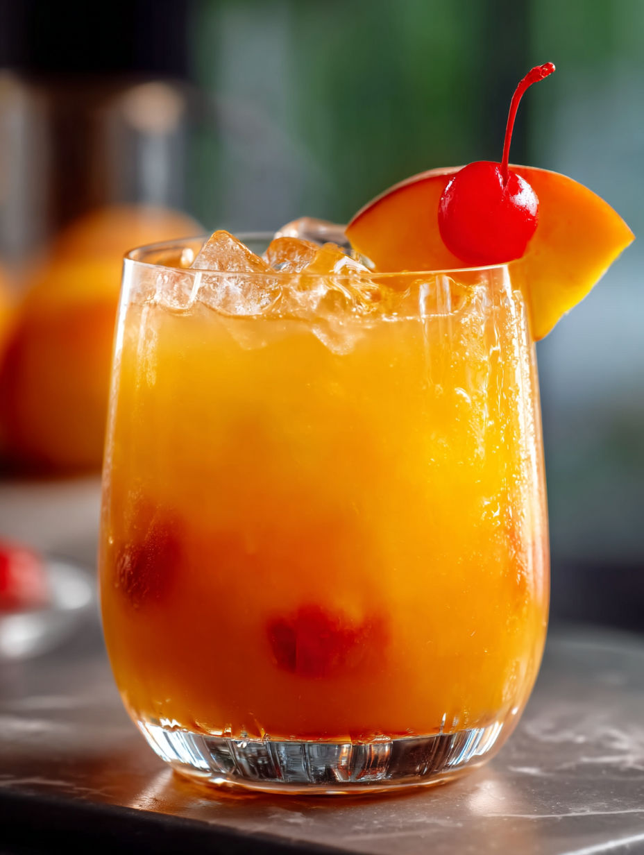 Un vaso con ponche de tequila y durazno.