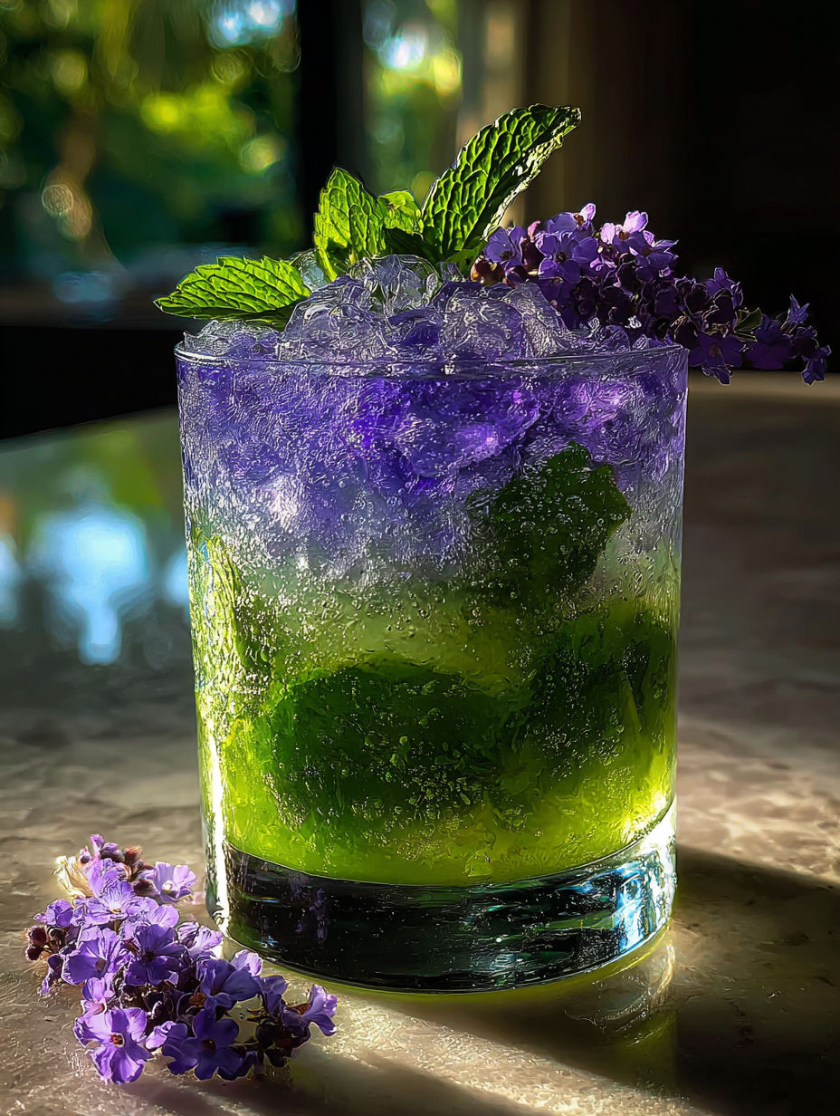 Un vaso con bebida morada y hojas de menta.