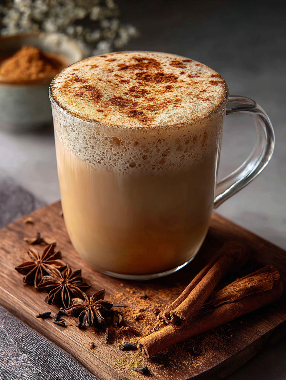 Una taza de café con una ramita de canela dentro.