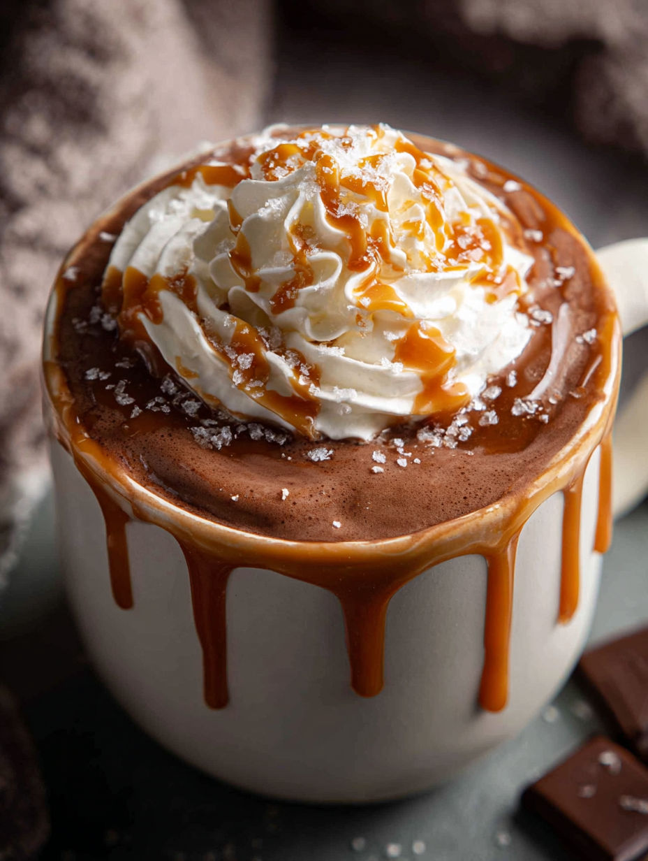 Una taza de chocolate caliente con caramelo salado.