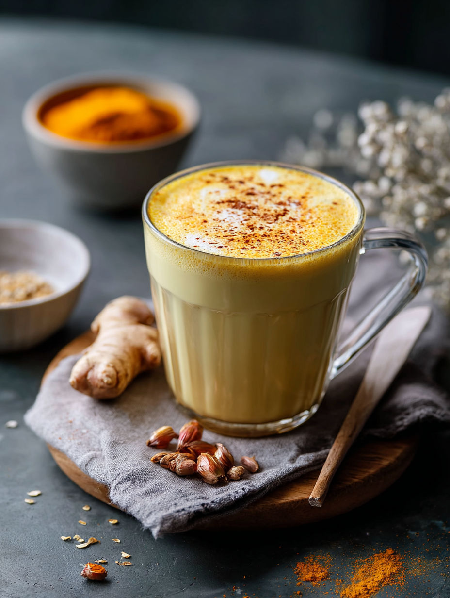 Un vaso con leche dorada y cremosa con cúrcuma.