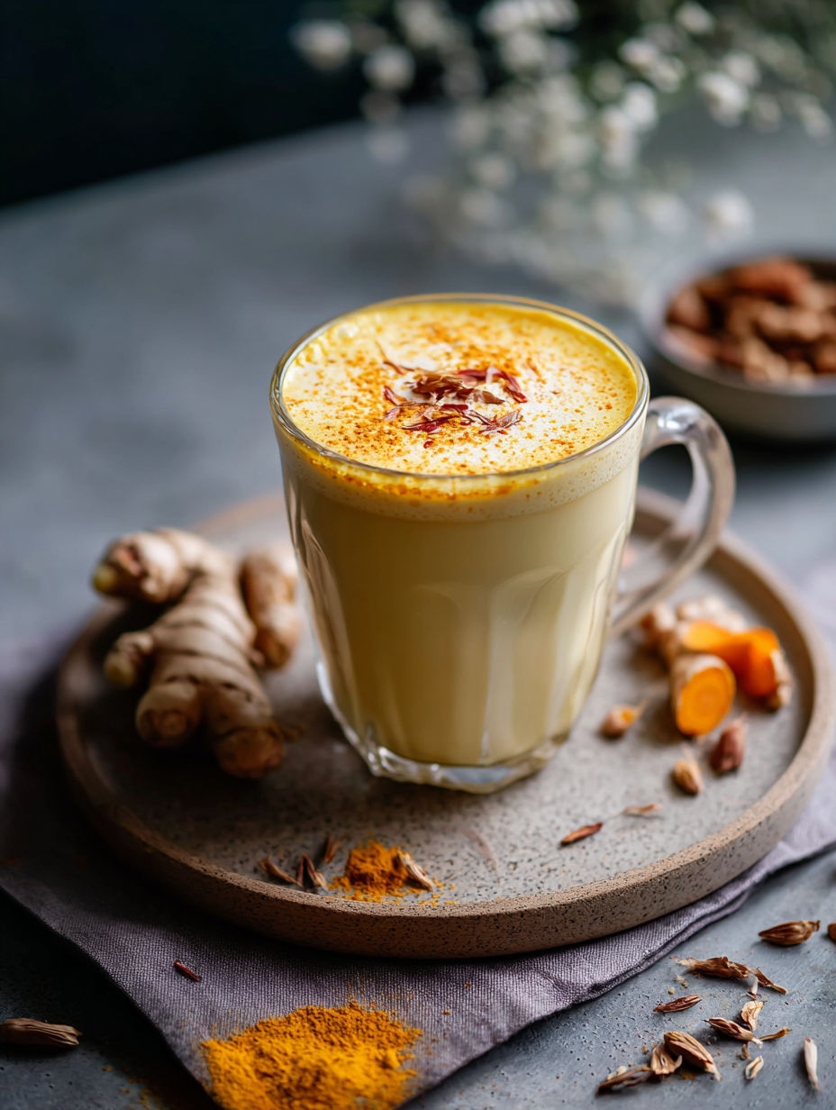 Un vaso con leche dorada y cremosa con cúrcuma.