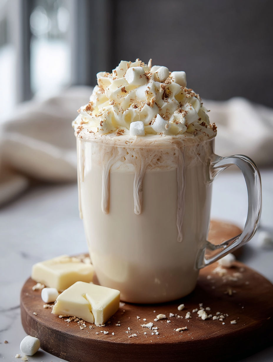 Una taza con chocolate blanco caliente y malvaviscos.