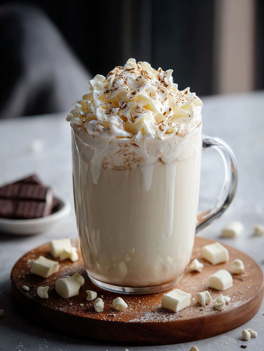 Una taza de chocolate blanco caliente con nata montada arriba.