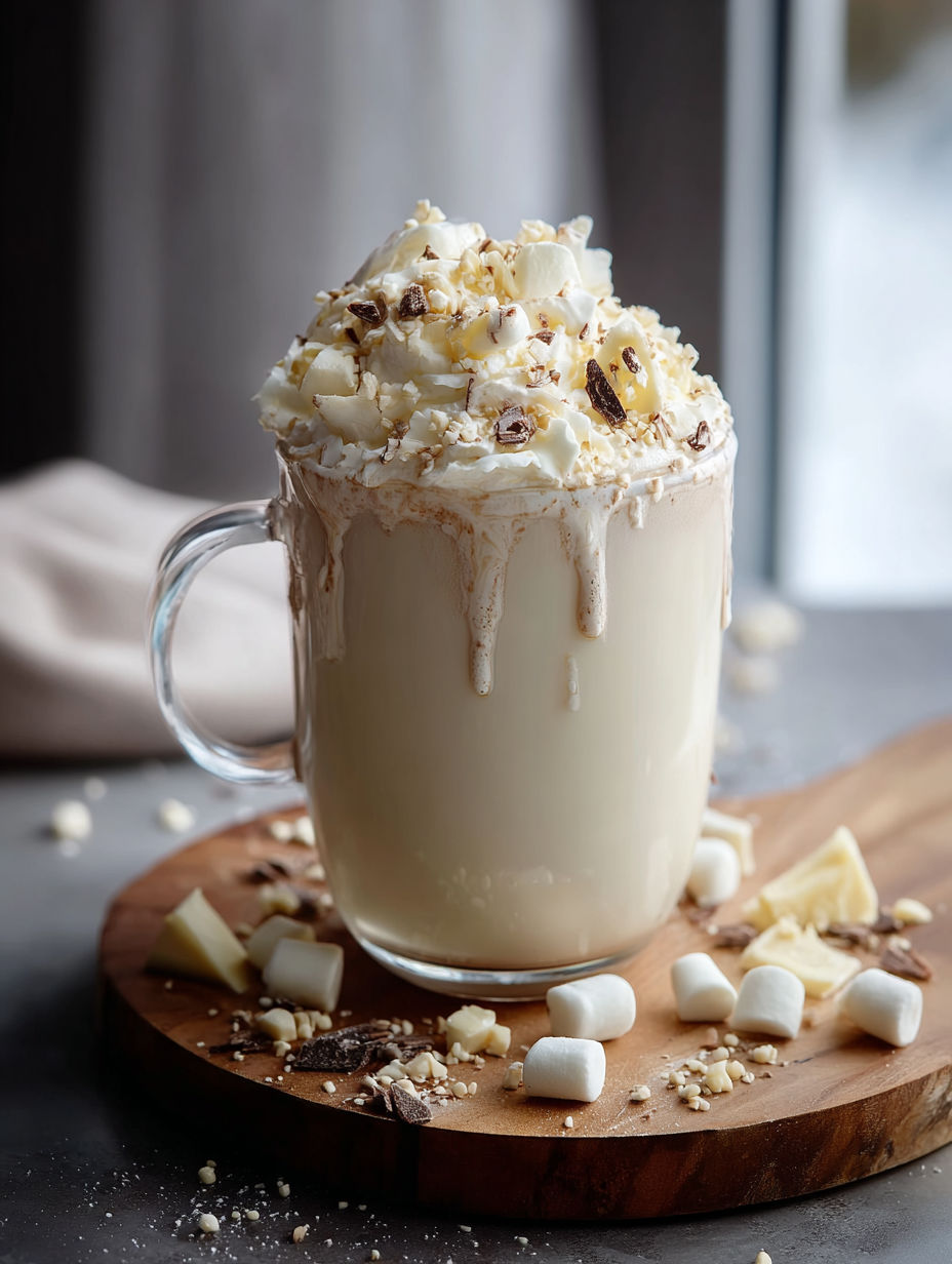 Un vaso de chocolate blanco caliente con malvaviscos encima.