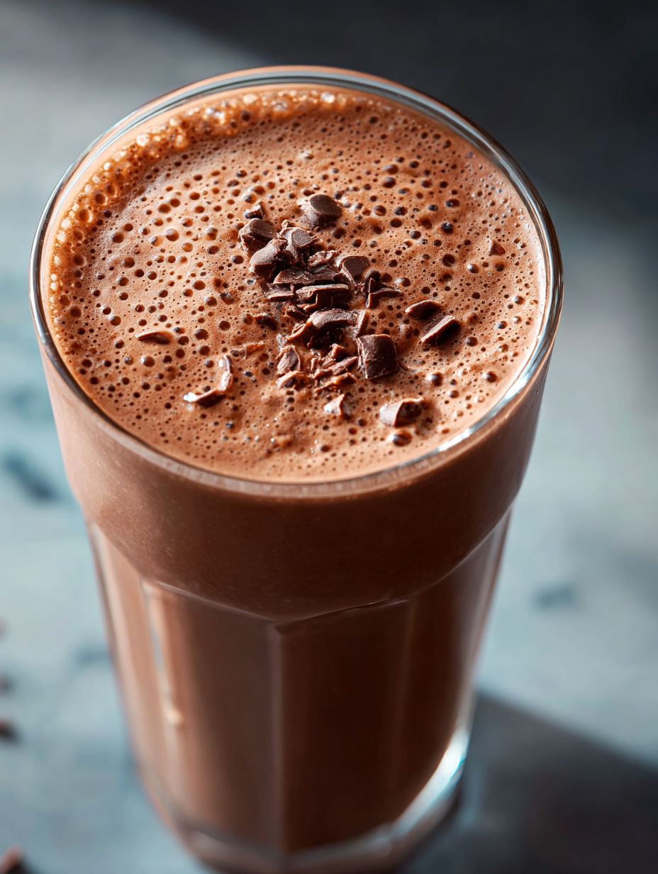 Un vaso con batido proteico de chocolate con trozos de chocolate encima.