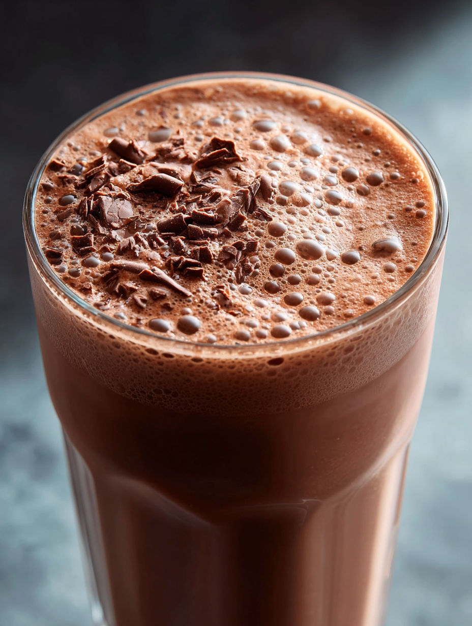 Un vaso con batido proteico de chocolate con trozos de chocolate encima.