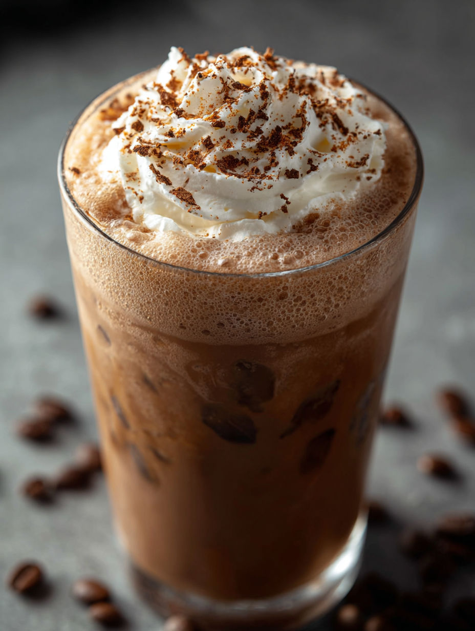 Un vaso de café mocha frío con crema batida.