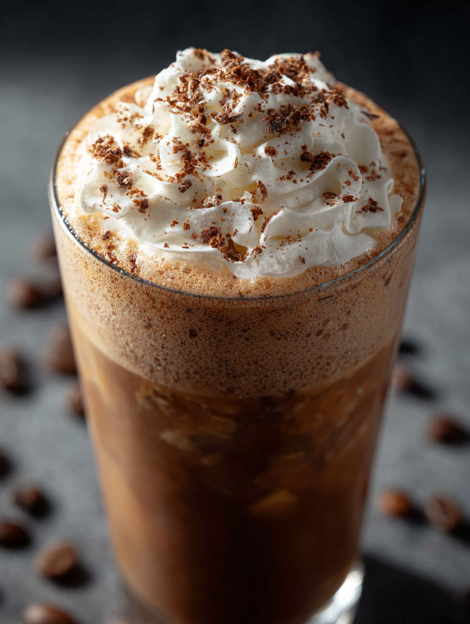 Un vaso de café frío con crema batida encima.