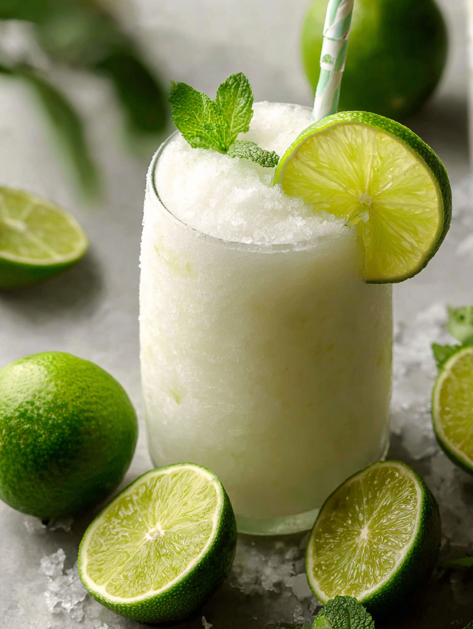 Un vaso con limonada cremosa de coco y lima con una rodaja de lima encima.