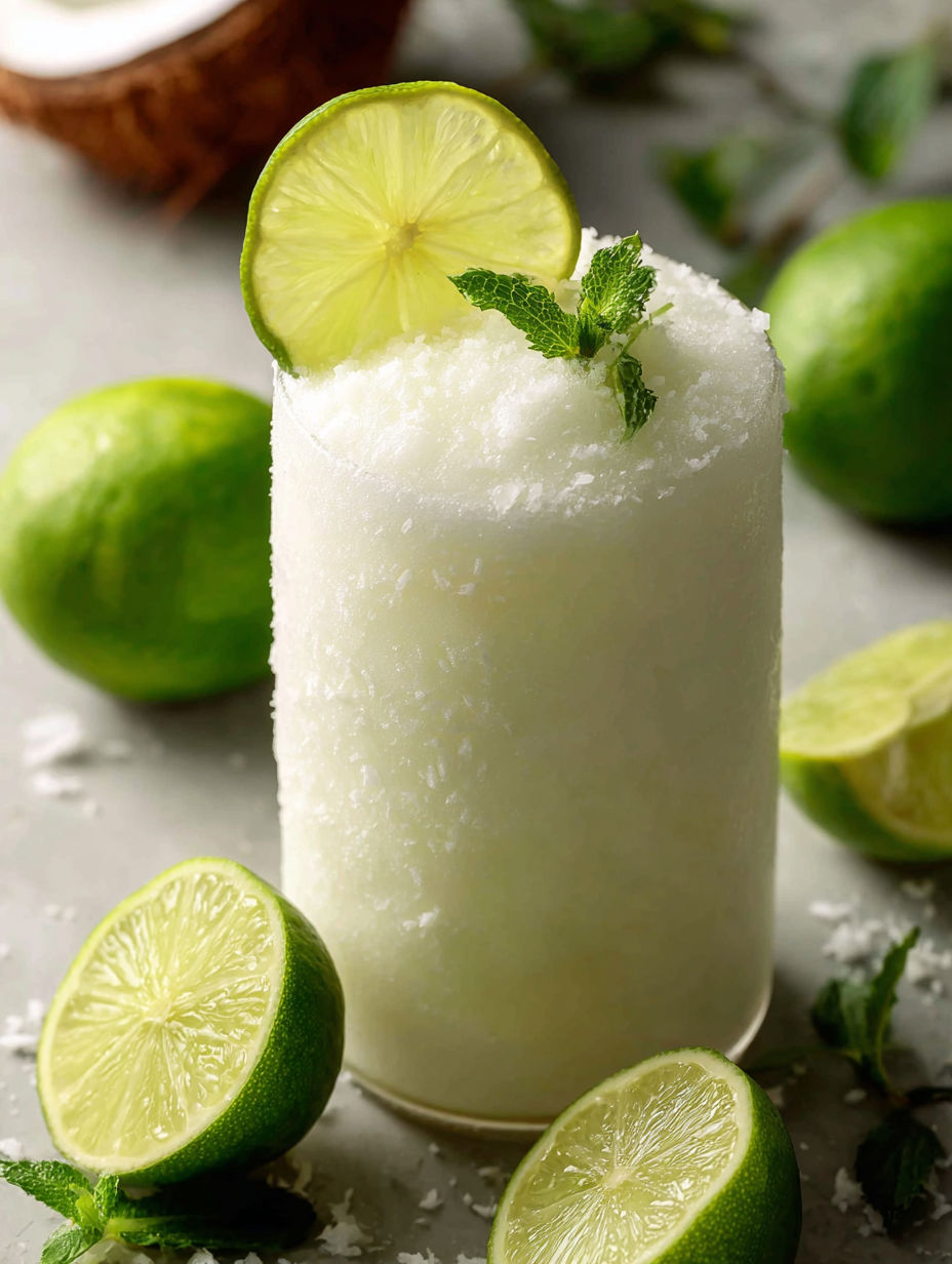 Un vaso con limonada de coco y lima acompañado de rodajas de lima.