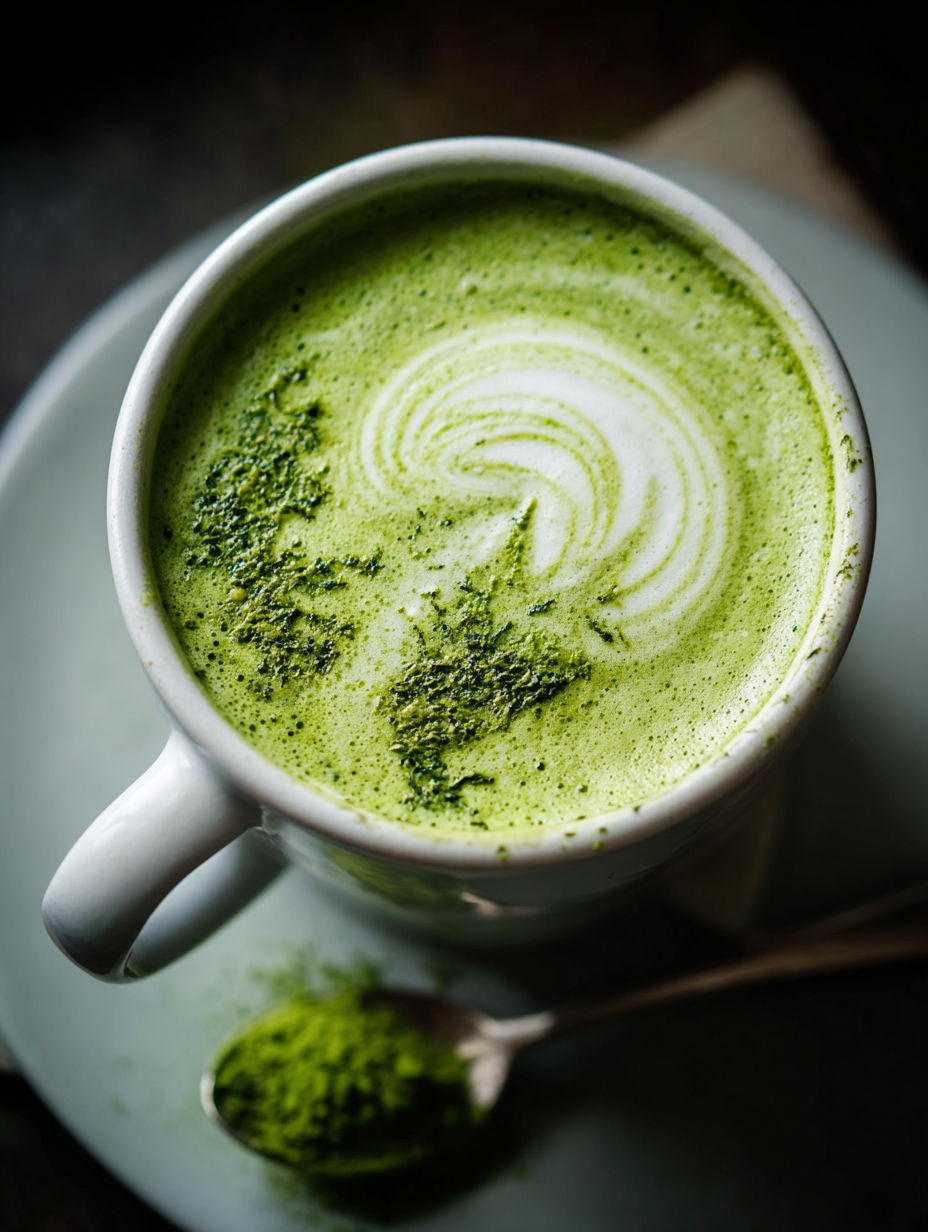 Una taza de latte de té verde con hojas de té verde.