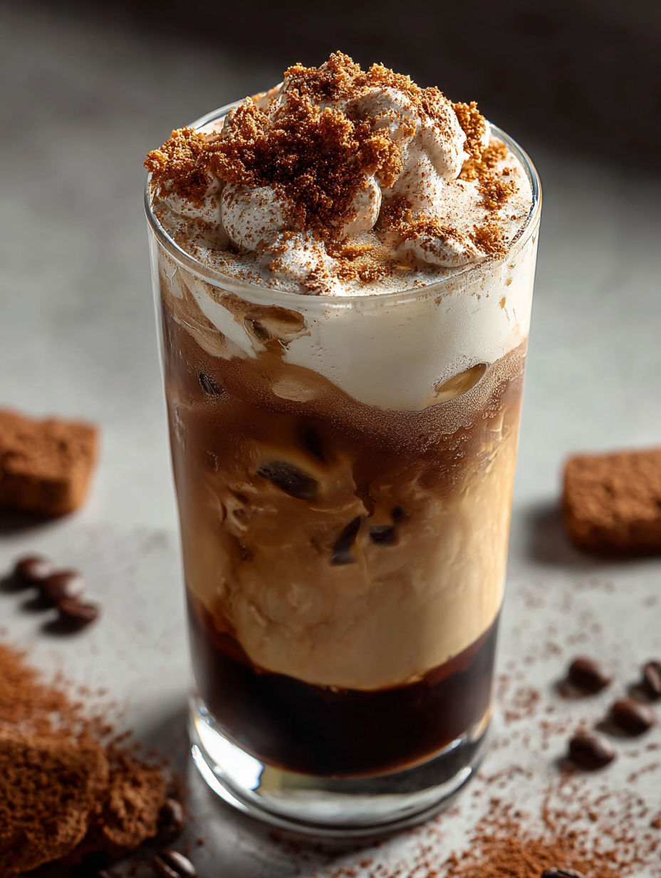 Un vaso de café helado con cacao espolvoreado arriba.