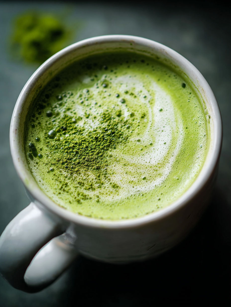 Una taza de latte de té verde con una hoja de té verde dentro.
