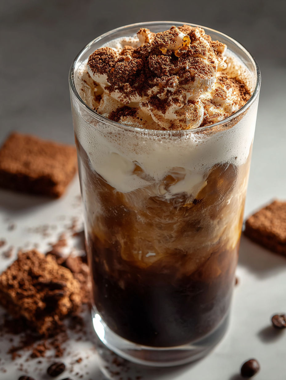 Un vaso de café helado con un pedazo de pastel de chocolate al lado.
