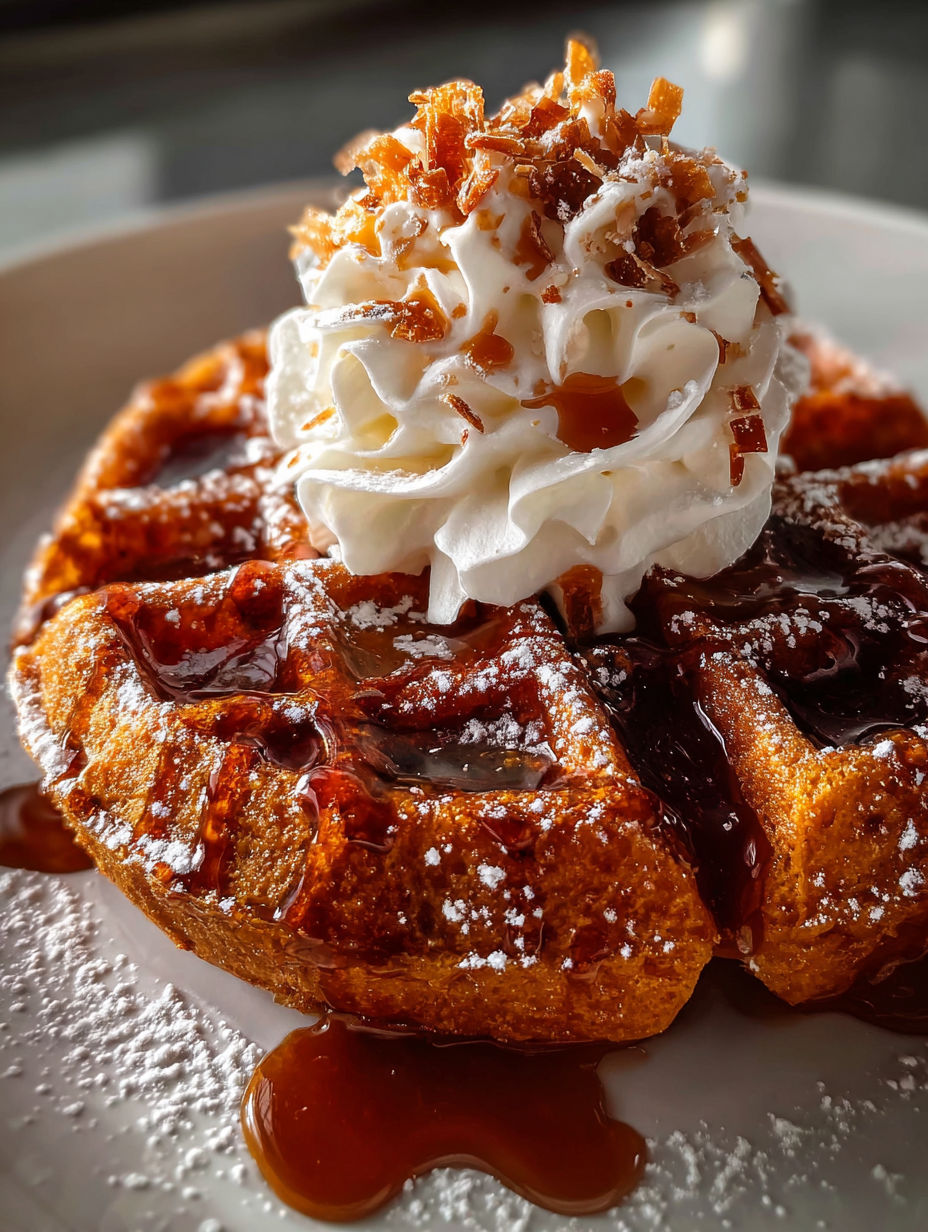 Un plato con waffles esponjosos de jengibre cubiertos con crema batida.