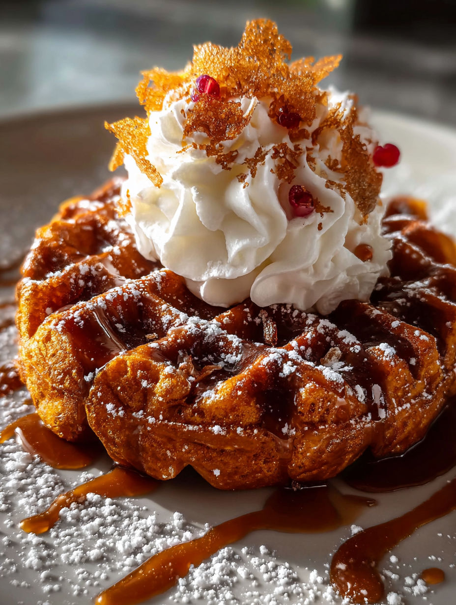 Waffles esponjosos de jengibre con crema batida.