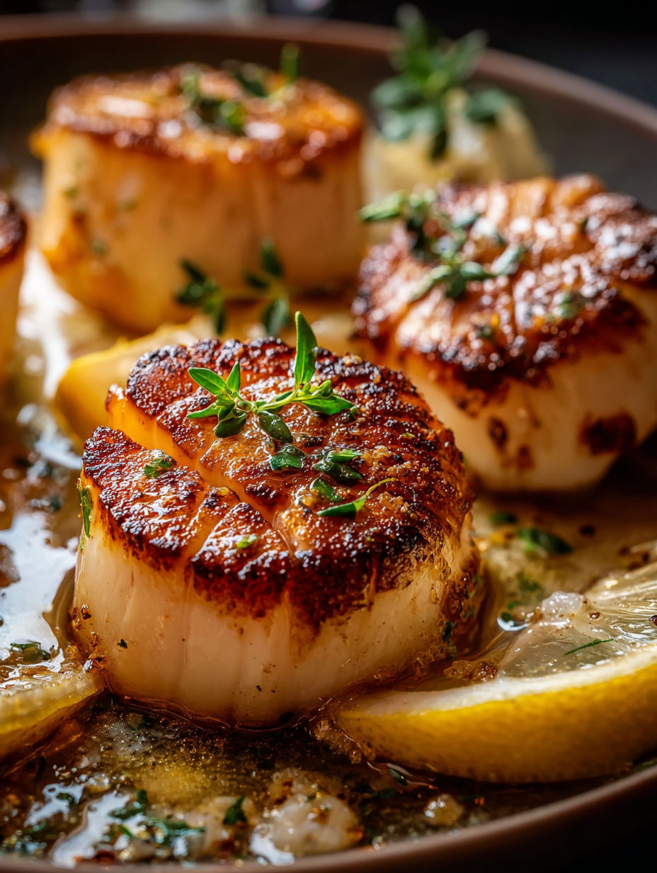 Vieiras doradas con salsa de mantequilla y limón.