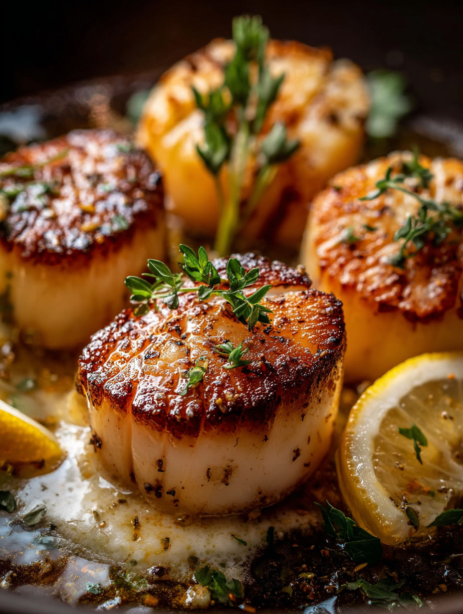 Vieiras doradas con salsa de mantequilla y limón.
