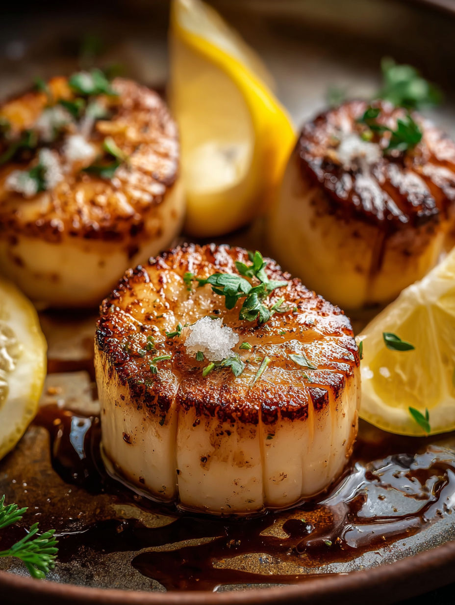 Vieiras doradas con salsa de mantequilla y limón.