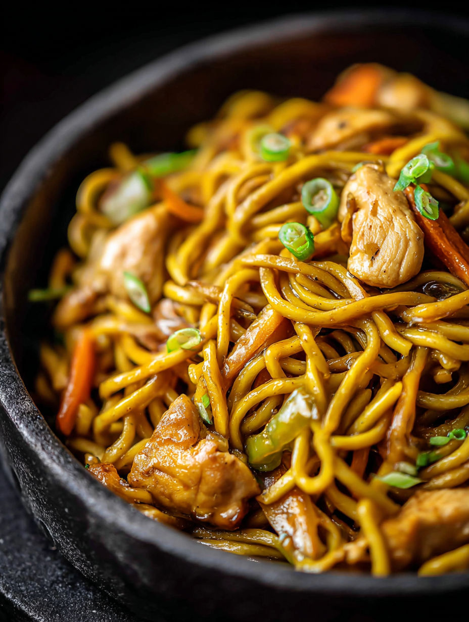Un tazón con fideos lo mein, pollo y verduras.