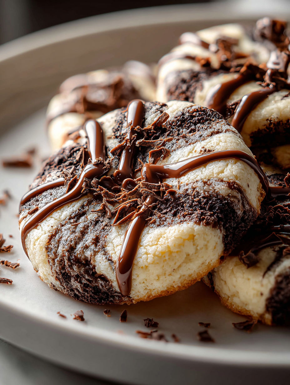 Un plato con galletas de remolino de chocolate y nubes.