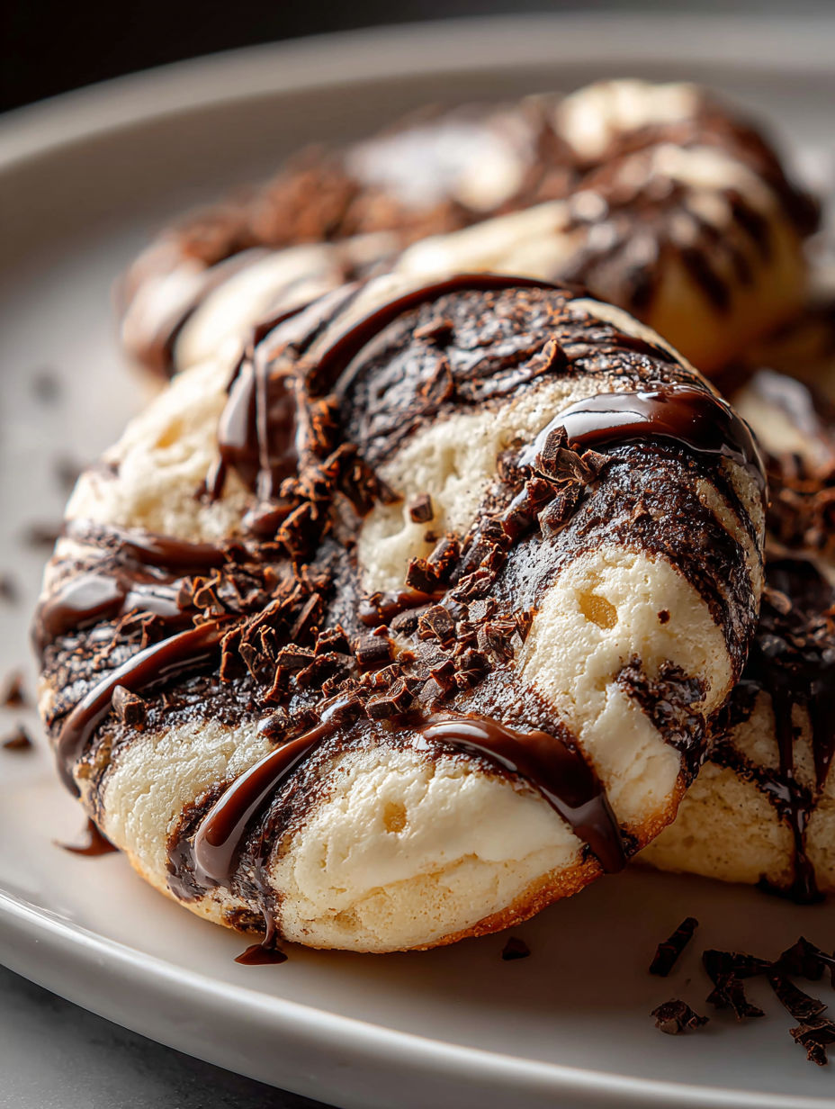 Un plato con galletas de chocolate y malvavisco remolinadas.