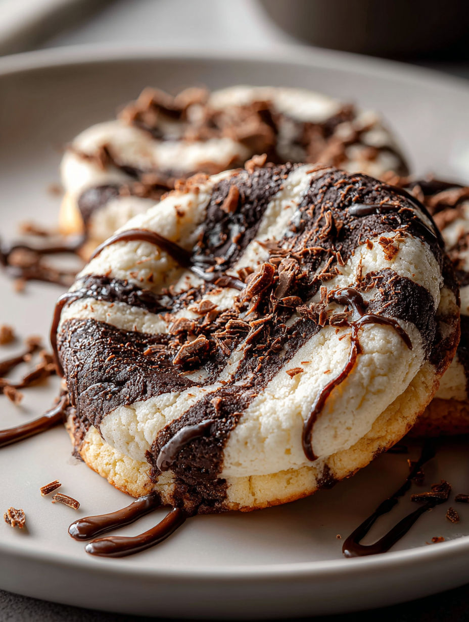 Un primer plano de una galleta de chocolate con remolinos de malvavisco.