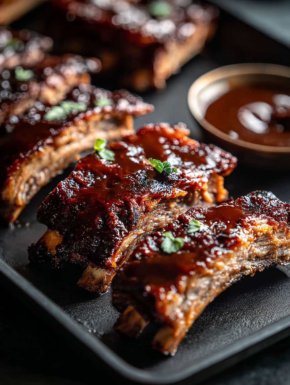 Plato de costillas con un tazón de salsa.