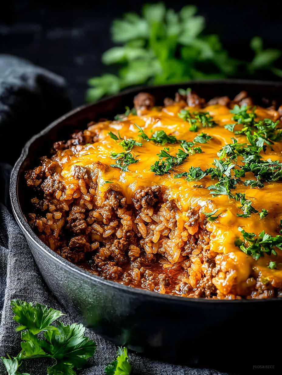 Una cazuela de arroz con carne molida y mucho queso en un molde negro.