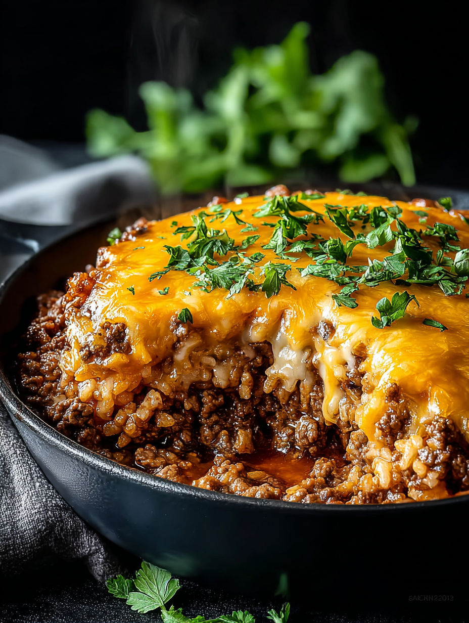 Cazuela de arroz con carne y queso, coronada con cebollín picado.