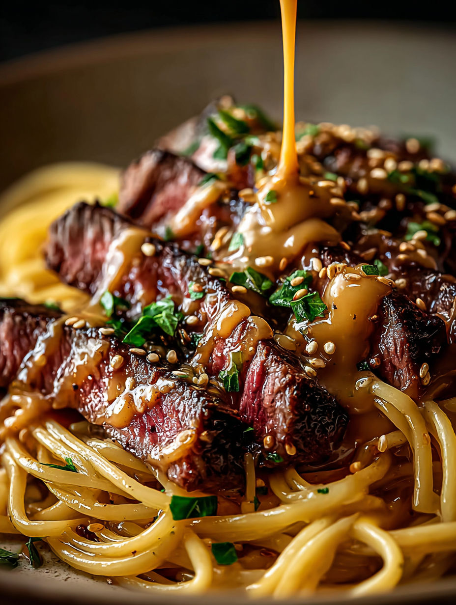 Plano cercano de un bistec delicioso con mantequilla de ajo y fideos al instante