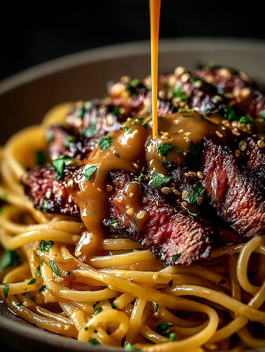 Primer plano de un trozo de bistec con mantequilla de ajo encima.