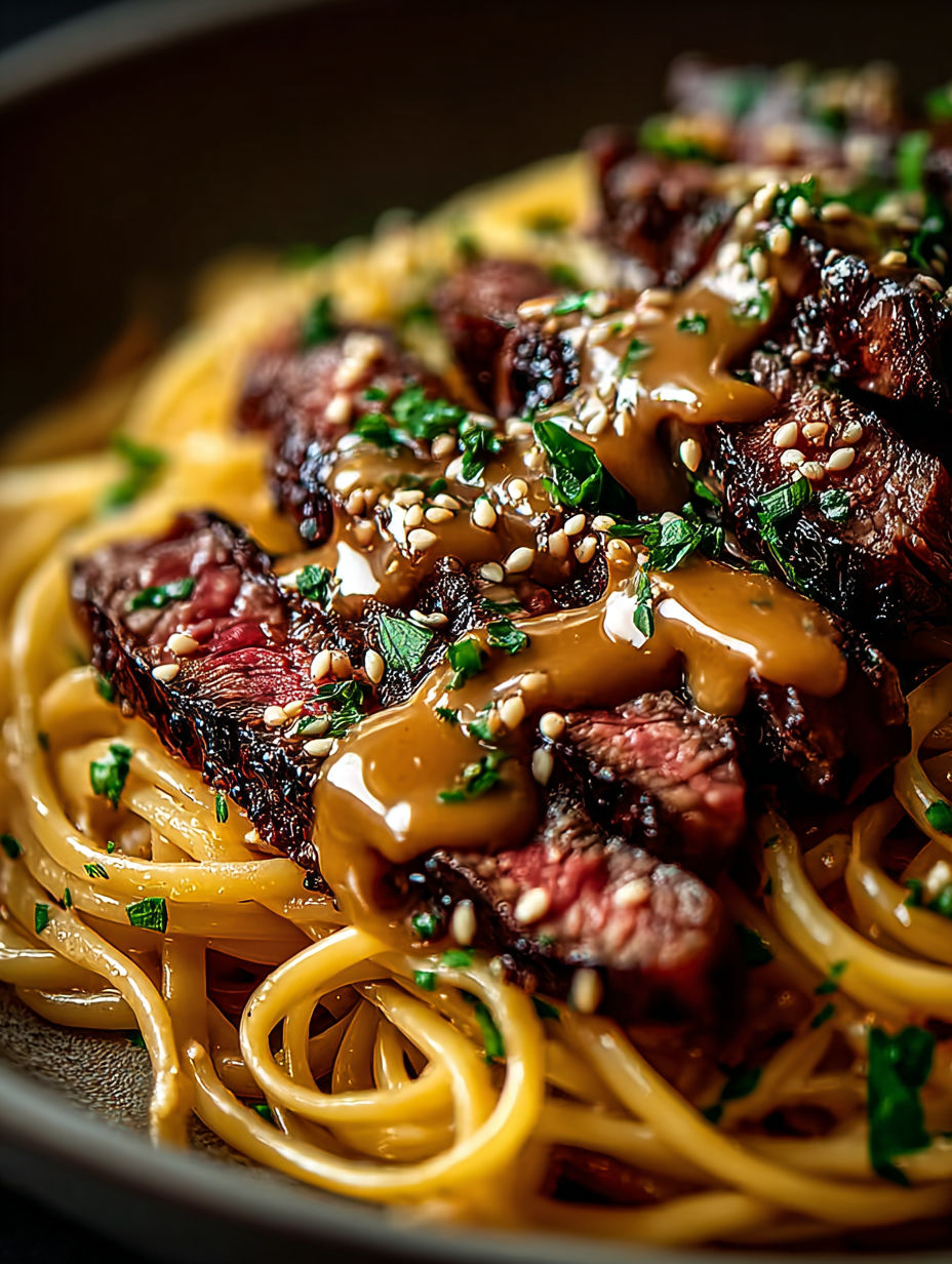 Plato con bistec, mantequilla de ajo y fideos relámpago.