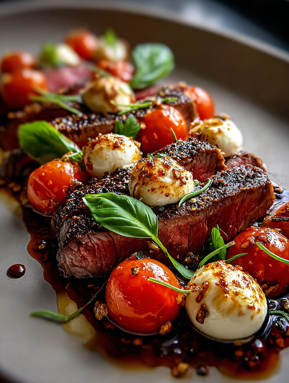 Una arrachera a la parrilla con tomates y queso.