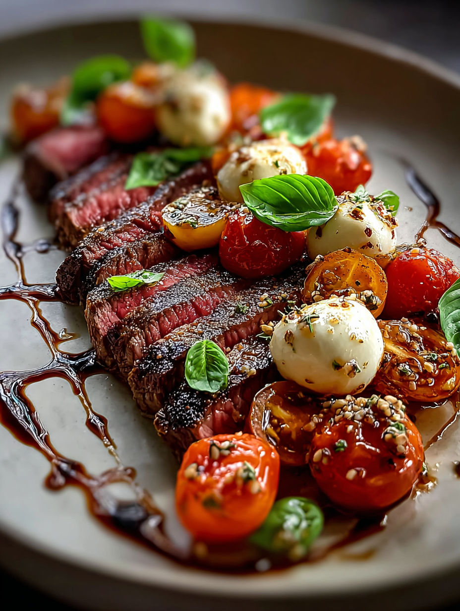 Una arrachera a la parrilla con tomates y queso.