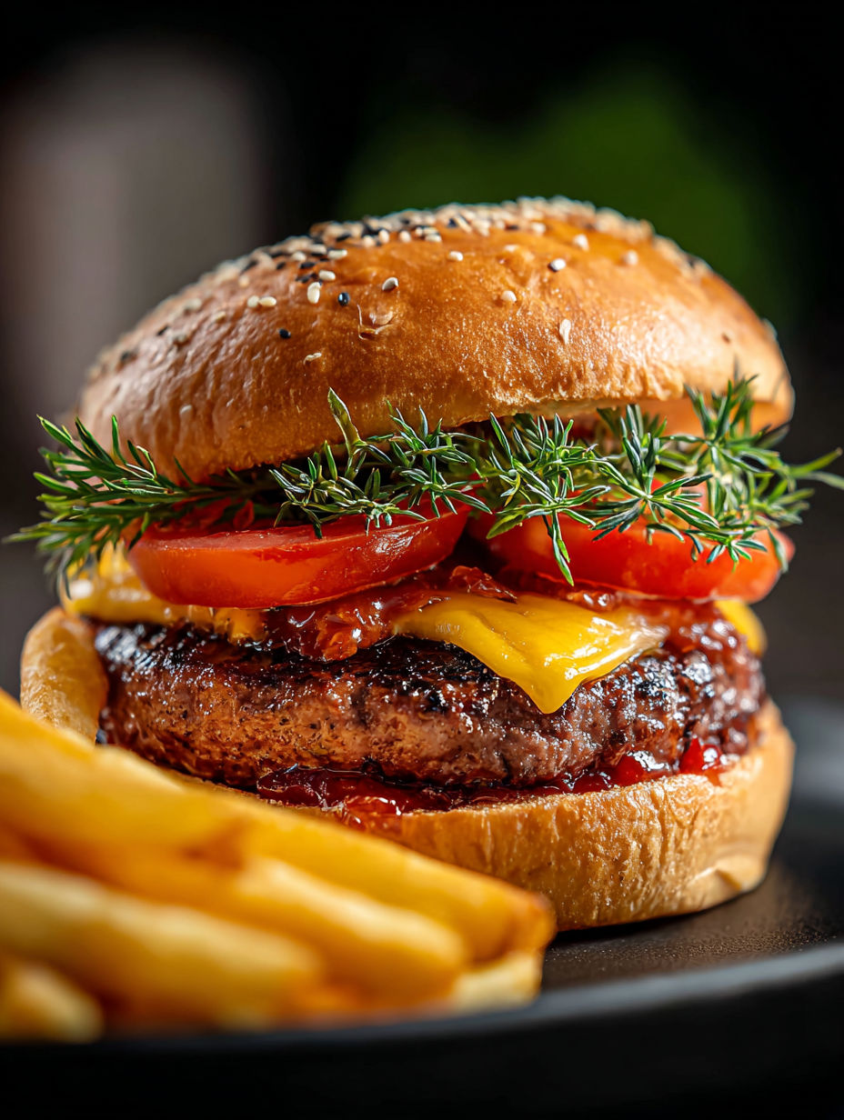 Una hamburguesa con tomates y hierbas encima.